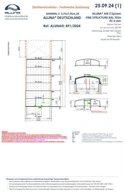 Aluna Admiral II Poolüberdachung 3,75 × 7,76 × 1,28 m – technische Zeichnung