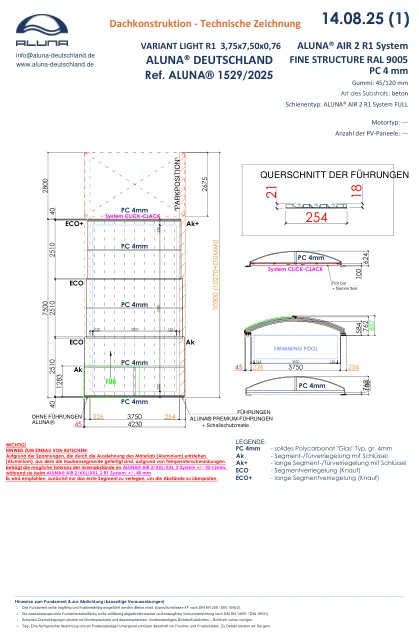 Aluna Variant Light R1 Flache Poolüberdachung 3,75 × 7,50 × 0,76 m – technische Zeichnung