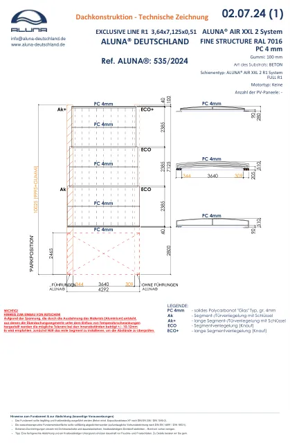 Aluna Exclusive Line R1 Flache Poolüberdachung 3,64 × 7,125 × 0,51 m – technische Zeichnung