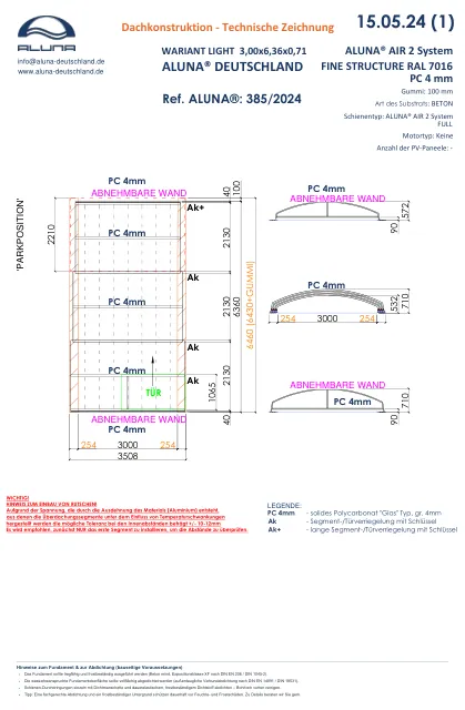 Aluna Variant Light R1 Flache Poolüberdachung 3,00 × 6,36 × 0,71 m – technische Zeichnung