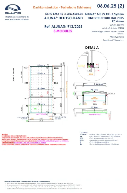 Aluna Nero Easy R1 Flache Poolüberdachung 3 Module × 0,74 m – technische Zeichnung
