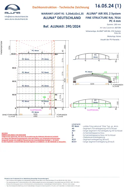 Aluna Variant Light R1 Poolüberdachung 5,20 × 8,62 × 1,35 m – technische Zeichnung