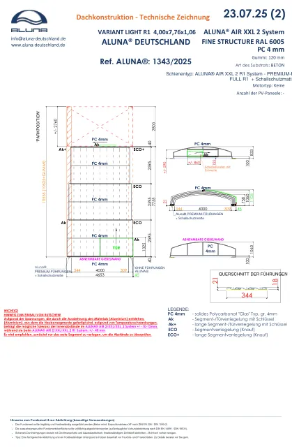 Aluna Variant Light R1 Poolüberdachung 4,00 × 7,76 × 1,06 m – technische Zeichnung