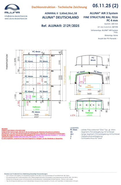 Aluna Admiral II Poolüberdachung 3,60 × 6,56 × 1,58 m – technische Zeichnung