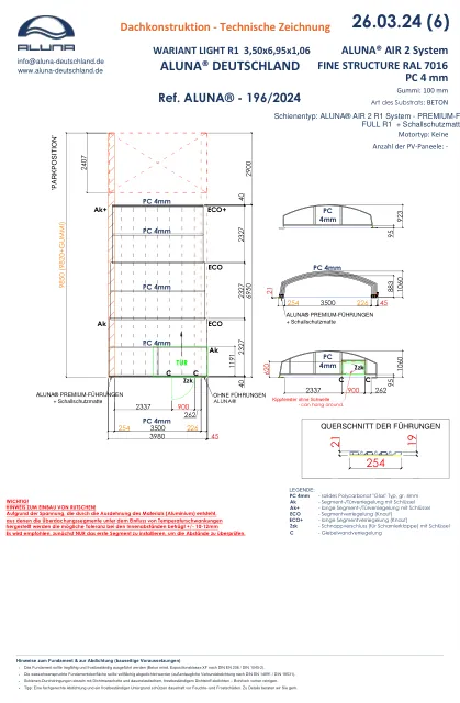 Aluna Variant Light R1 Poolüberdachung 3,50 × 6,95 × 1,06 m – technische Zeichnung