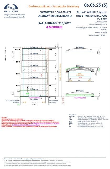 Aluna Comfort R1 Flache Poolüberdachung 4 Module × 0,74 m – technische Zeichnung