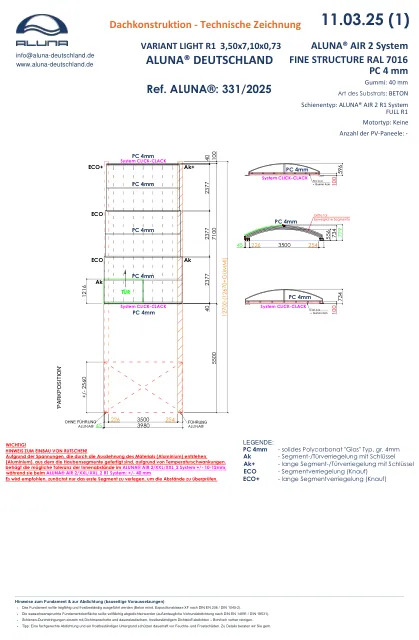 Aluna Variant Light R1 Flache Poolüberdachung 3,50 × 7,10 × 0,73 m – technische Zeichnung
