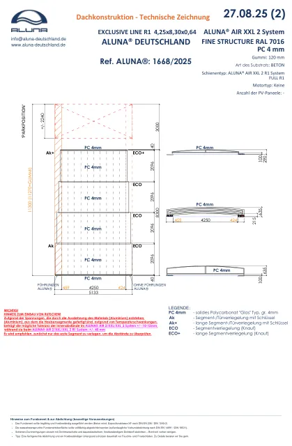 Aluna Exclusive Line R1 Flache Poolüberdachung 4,25 × 8,30 × 0,64 m – technische Zeichnung