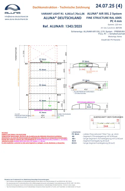 Aluna Variant Light R1 Poolüberdachung 4,061 × 7,76 × 1,06 m – technische Zeichnung