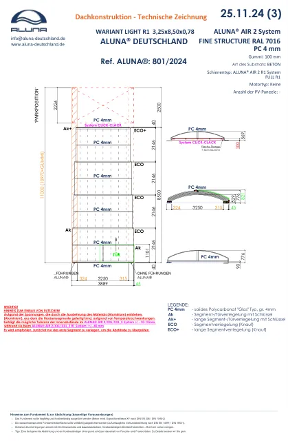 Aluna Variant Light R1 Flache Poolüberdachung 3,25 × 8,50 × 0,78 m – technische Zeichnung