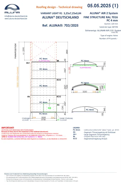 Aluna Variant Light R1 Flache Poolüberdachung 3,25 × 7,25 × 0,84 m – technische Zeichnung