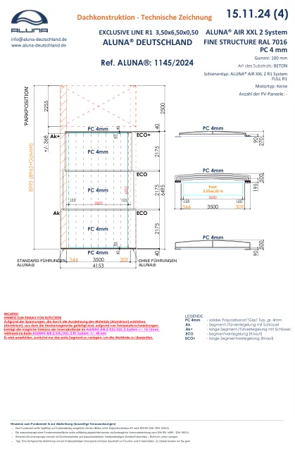 Aluna Exclusive Line R1 Flache Poolüberdachung Standard LS × 0,50 m – technische Zeichnung