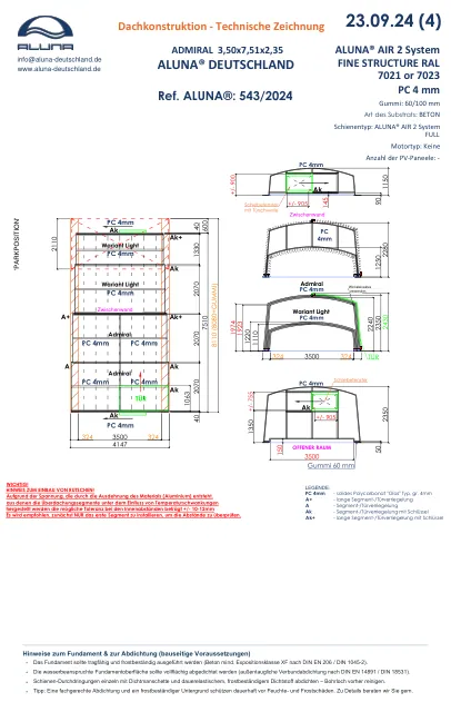 Aluna Duo III Poolhalle 3,50 × 7,51 × 2,35 m – technische Zeichnung