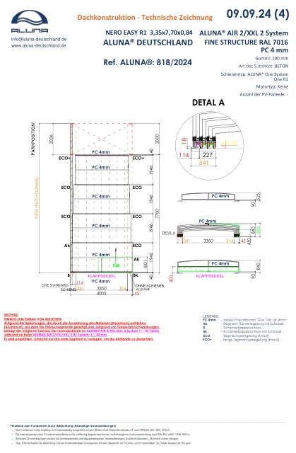 Aluna Nero Easy R1 Flache Poolüberdachung 3,35 × 7,70 × 0,84 m – technische Zeichnung