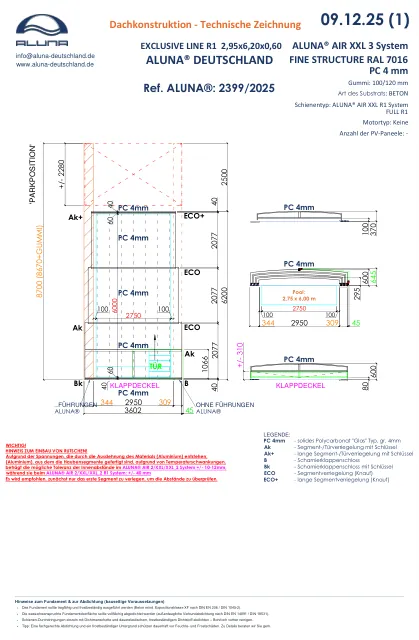 Aluna Exclusive Line R1 Flache Poolüberdachung 2,95 × 6,20 × 0,60 m – technische Zeichnung