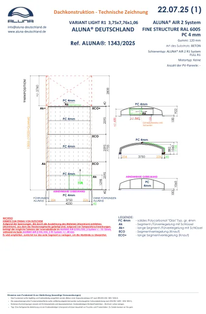 Aluna Variant Light R1 Poolüberdachung 3,75 × 7,76 × 1,06 m – technische Zeichnung