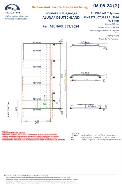 Aluna Comfort R1 Flache Poolüberdachung 3,75 × 9,20 × 0,62 m – technische Zeichnung