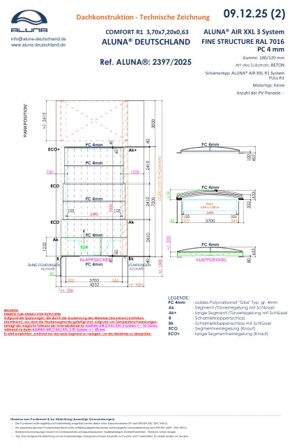 Aluna Comfort R1 Flache Poolüberdachung 3,70 × 7,20 × 0,63 m – technische Zeichnung
