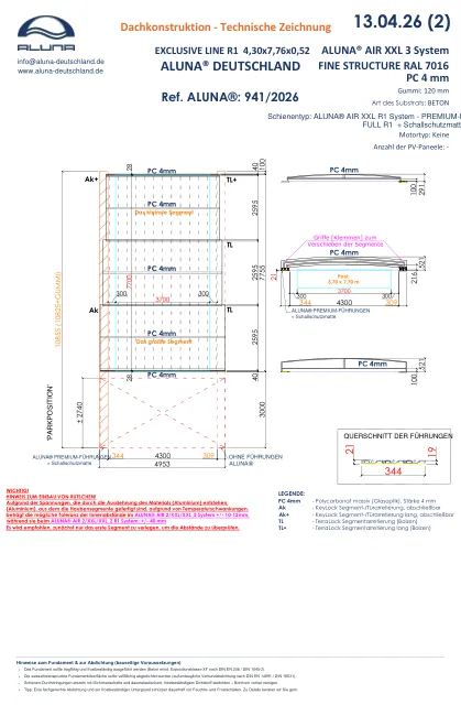 Aluna Exclusive Line R1 Flache Poolüberdachung 4,30 × 7,76 × 0,52 m – technische Zeichnung