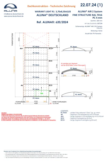 Aluna Variant Light R1 Flache Poolüberdachung 3,70 × 8,50 × 0,83 m – technische Zeichnung