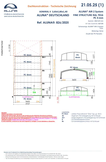 Aluna Admiral II Poolüberdachung 3,60 × 5,80 × 1,40 m – technische Zeichnung