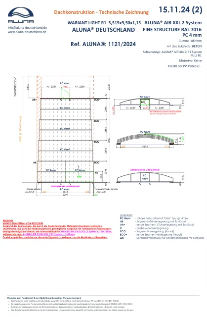 Aluna Variant Light R1 Poolüberdachung 5,515 × 9,50 × 1,15 m – technische Zeichnung