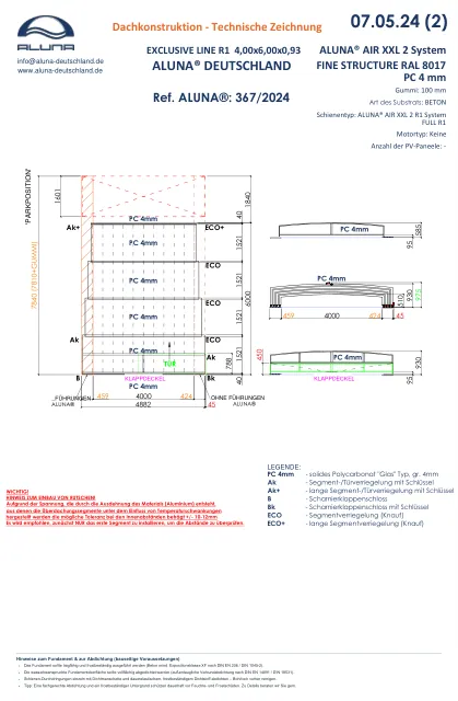 Aluna Exclusive Line R1 Flache Poolüberdachung 4,00 × 6,00 × 0,93 m – technische Zeichnung