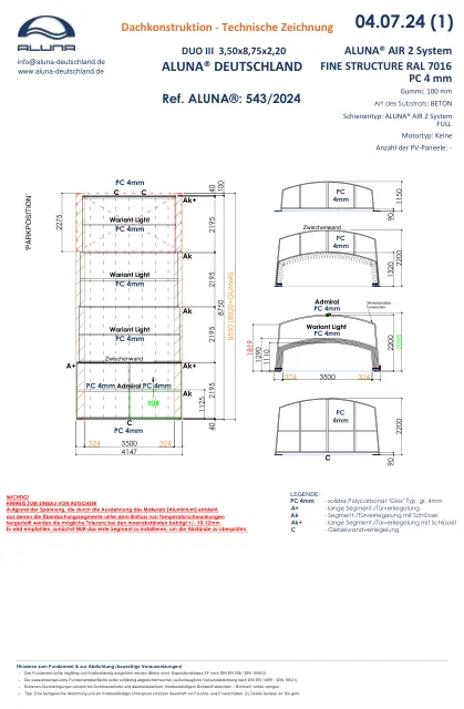 Aluna Duo III Poolhalle 3,50 × 8,75 × 2,20 m – technische Zeichnung