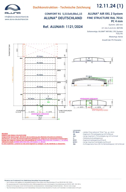 Aluna Comfort R1 Poolüberdachung 5,515 × 9,00 × 1,15 m – technische Zeichnung