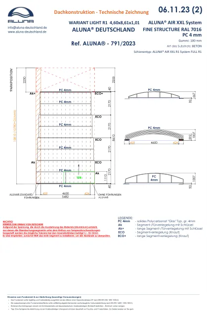Aluna Variant Light R1 Poolüberdachung 4,60 × 8,61 × 1,01 m – technische Zeichnung