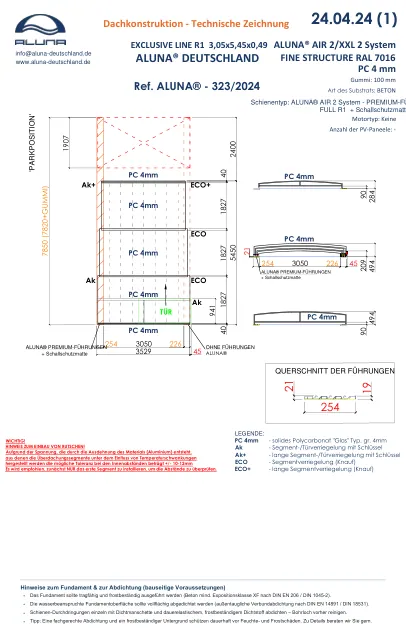 Aluna Exclusive Line R1 Flache Poolüberdachung 3,05 × 5,45 × 0,49 m – technische Zeichnung
