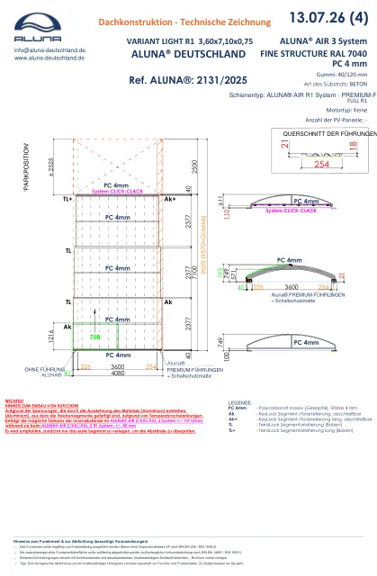 Aluna Variant Light R1 Flache Poolüberdachung 3,60 × 7,10 × 0,75 m – technische Zeichnung
