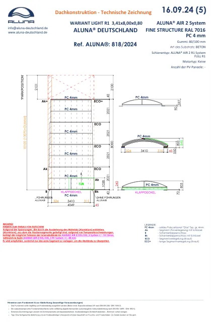 Aluna Variant Light R1 Flache Poolüberdachung 3,41 × 8,00 × 0,80 m – technische Zeichnung
