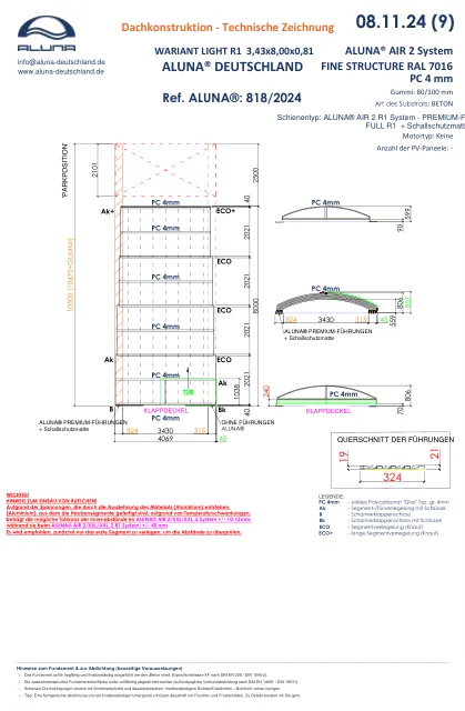 Aluna Variant Light R1 Flache Poolüberdachung 3,43 × 8,00 × 0,81 m – technische Zeichnung