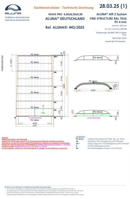 Aluna Wave PRO Flache Poolüberdachung 4,60 × 8,50 × 0,90 m – technische Zeichnung