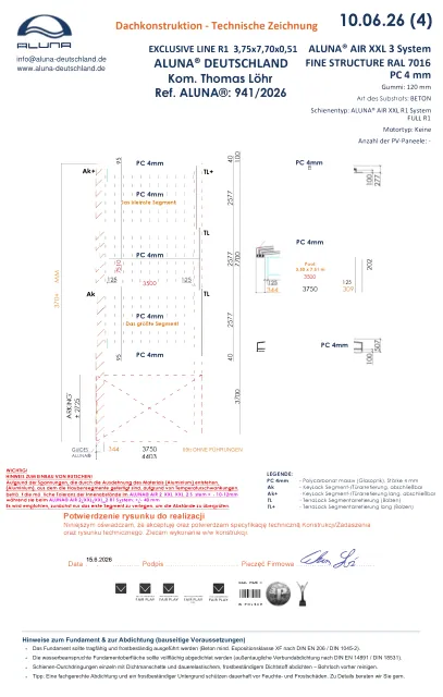 Aluna Exclusive Line R1 Flache Poolüberdachung 3,75 × 7,70 × 0,51 m – technische Zeichnung
