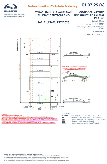 Aluna Variant Light R1 Flache Poolüberdachung 3,162 × 8,60 × 0,74 m – technische Zeichnung