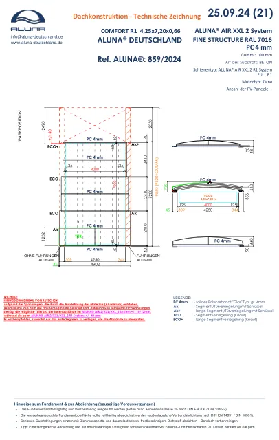 Aluna Comfort R1 Flache Poolüberdachung 4,25 × 7,20 × 0,66 m – technische Zeichnung