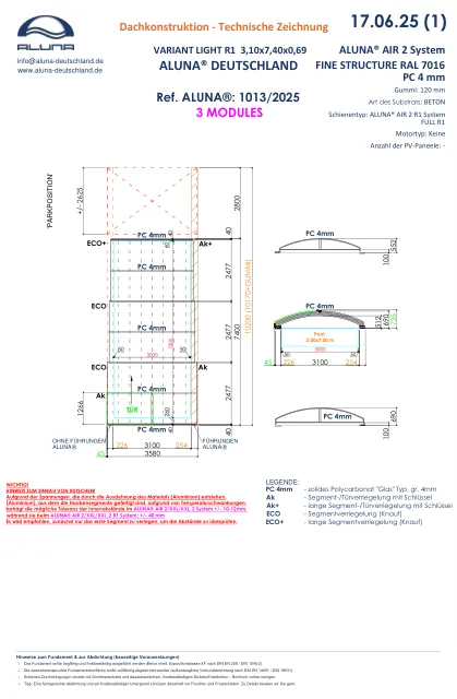 Aluna Variant Light R1 Flache Poolüberdachung 3 Module × 0,69 m – technische Zeichnung
