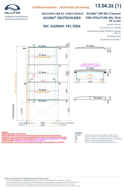 Aluna Exclusive Line R1 Flache Poolüberdachung 4,00 × 7,76 × 0,51 m – technische Zeichnung