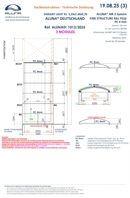 Aluna Variant Light R1 Flache Poolüberdachung 3,20 × 7,40 × 0,70 m – technische Zeichnung