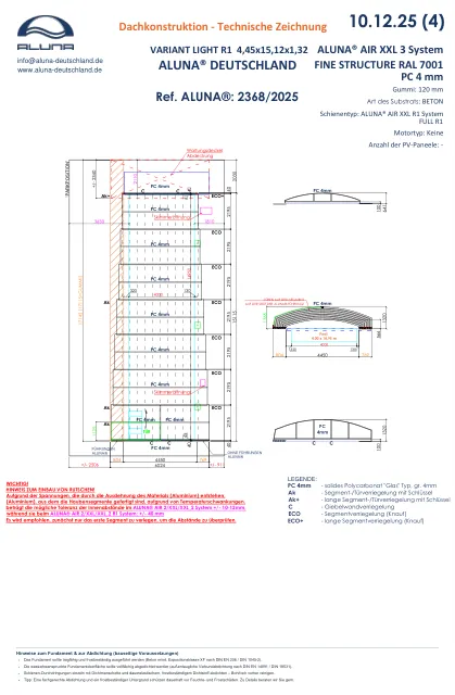 Aluna Variant Light R1 Poolüberdachung 4,45 × 15,12 × 1,32 m – technische Zeichnung