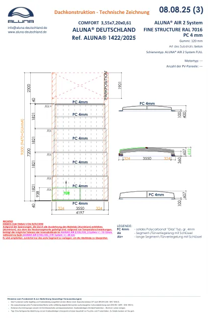 Aluna Comfort R1 Flache Poolüberdachung 3,55 × 7,20 × 0,61 m – technische Zeichnung