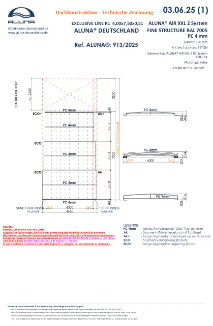 Aluna Exclusive Line R1 Flache Poolüberdachung 4,00 × 7,50 × 0,51 m – technische Zeichnung