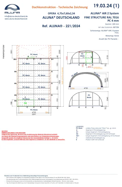 Aluna Opera Poolhalle 4,75 × 7,60 × 2,34 m – technische Zeichnung