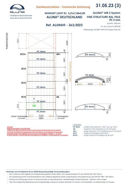 Aluna Variant Light R1 Flache Poolüberdachung 3,25 × 7,48 × 0,80 m – technische Zeichnung