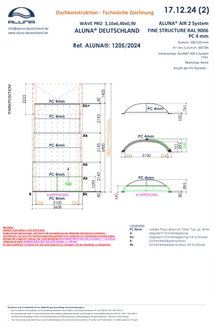 Aluna Wave PRO Flache Poolüberdachung 3,10 × 6,40 × 0,90 m – technische Zeichnung