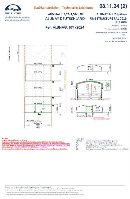 Aluna Admiral II Poolüberdachung 3,75 × 7,50 × 1,28 m – technische Zeichnung