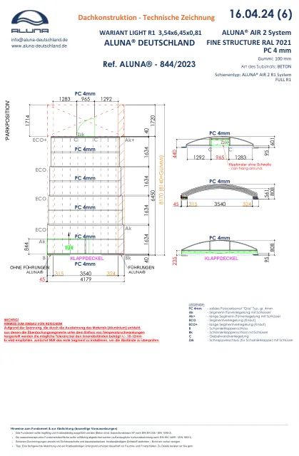 Aluna Variant Light R1 Flache Poolüberdachung 3,54 × 6,45 × 0,81 m – technische Zeichnung