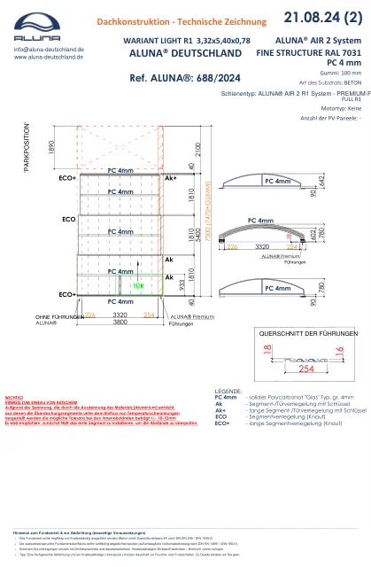 Aluna Variant Light R1 Flache Poolüberdachung 3,32 × 5,40 × 0,78 m – technische Zeichnung